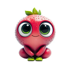 Fototapete - Stylized, digital rendering of a friendly strawberry character, with large eyes and a cheerful expression. Its vibrant red coloring and green leaves add to its appeal.
