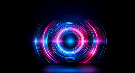 Poster - vibrant concentric circles of pink and blue neon light glow against a dark background, creating a me