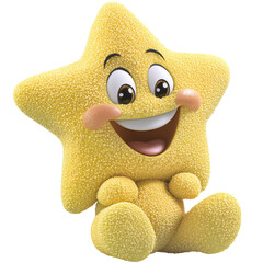 Fototapete - Digital illustration of a cheerful, yellow star-shaped character, with large eyes and a wide smile.  It has a textured surface and is depicted as sitting.