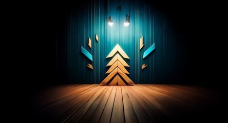 Aufkleber - a dark stage with wooden flooring is illuminated by spotlights. a gold abstract christmas tree-like 