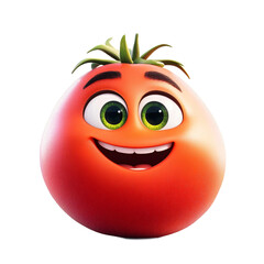 Fototapete - Cartoon rendering of a cheerful tomato with large eyes and a wide smile.  It has a green stem and vibrant colors.