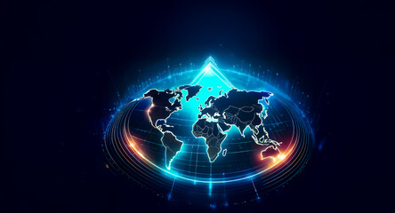 Poster - a futuristic world map encased in a glowing, vibrant blue and orange energy field, topped with a lum