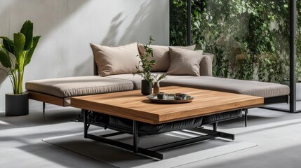 Poster - Modern light beige sectional sofa with lift-top wooden coffee table in bright room with large overlooking lush greenery and natural sunlight
