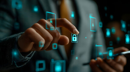 Poster - Digital security interface handled by a person.