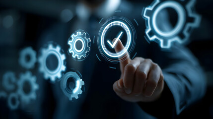 Poster - Businessman's finger interacts with glowing digital gears and a checkmark.