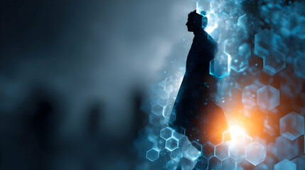 Poster - Silhouette figure walking through a digital, technological space.