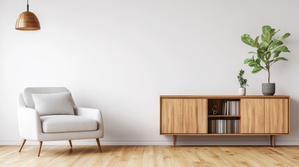 Poster - Light gray armchair and mid-century modern wooden cabinet with a potted fiddle leaf fig and wood pendant light against a white wall interior design scene