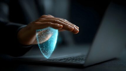 Poster - Businessperson shielding a digital shield over a laptop.