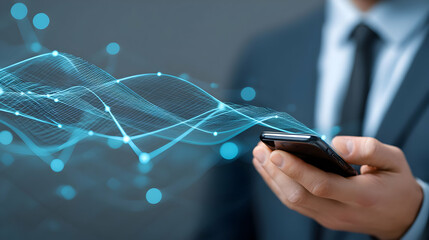 Poster - Close-up view of a person holding a phone with digital network overlay.