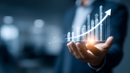 Poster - Businessperson holds a projected upward trend graph.
