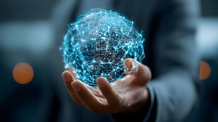 Poster - Digital globe held in a person's hand, showcasing interconnectedness.