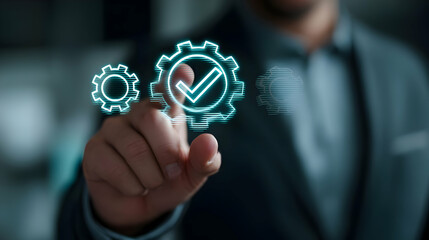Poster - Businessperson interacting with digital gear icons.