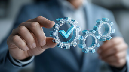 Poster - Close-up view of a person holding interconnected gears with checkmarks.