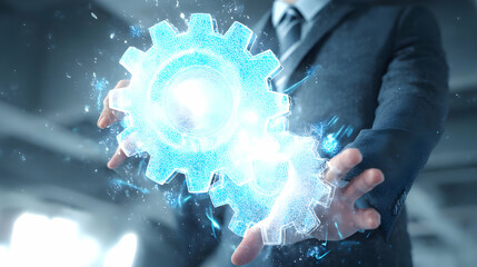 Poster - A business professional interacts with digital gears.