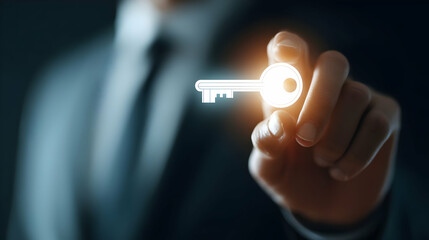 Poster - Businessperson's hand points to a glowing key symbol.