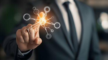 Poster - A businessperson's hand interacting with a digital network graphic.