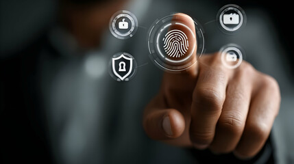 Poster - Person interacts with digital fingerprint interface overlay.