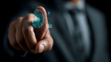Poster - Digital fingerprint interface displayed on a pointing finger.