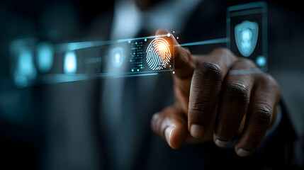 Poster - Digital fingerprint identification technology displayed by a person's hand.