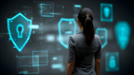 Poster - Woman contemplating digital security interface.