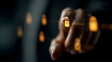 Poster - Close-up fingertip interaction with a glowing lock security system.
