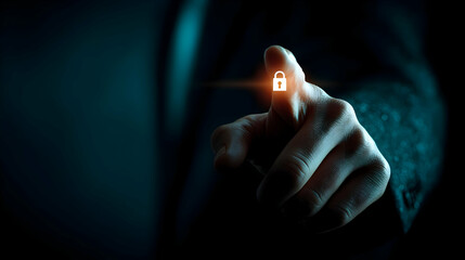Poster - Close-up view of a hand pointing at a glowing security lock icon.
