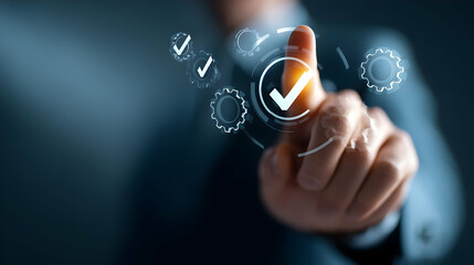 Poster - A person's finger touches a digital checkmark on a graphic interface.
