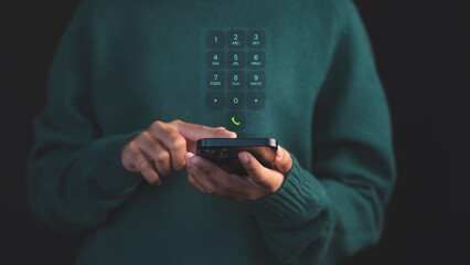 Poster - Person dialing on a smartphone with a futuristic virtual keypad interface hovering, symbolizing advanced communication. Concept of digital security and data protection on mobile devices.