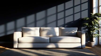 Poster - Light beige sofa in a room with dark wall, patterned window shadows, small potted plant, and muted rug creating a cozy and inviting atmosphere indoors
