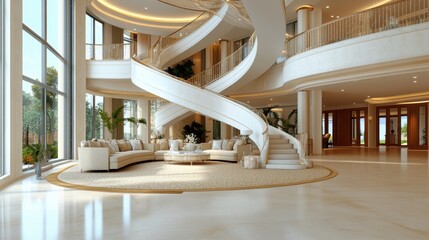 Poster - Grand opulent interior with sweeping curved white staircase in spacious sunlit foyer featu circular cream seating area and large elegant
