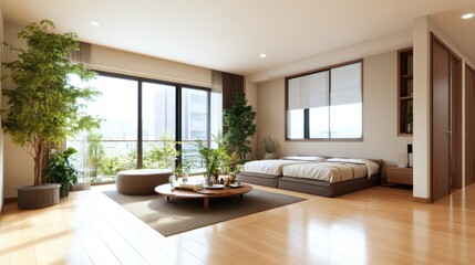 Poster - Bright and airy minimalist bedroom design featu large , hardwood floo, low platform bed, potted plants, and a stylish circular coffee table