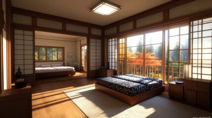 Poster - Sunlit Minimalist Japanese-Style Bedroom Featu Shoji Screens, Wooden Floors, Two Beds, and Expansive Views of Autumnal Garden through Sliding Doors