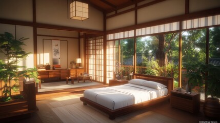 Poster - Serene Japanese-style bedroom with warm sunlight, low wooden bed, shoji screens, and lush greenery creating a tranquil and peaceful atmosphere indoors