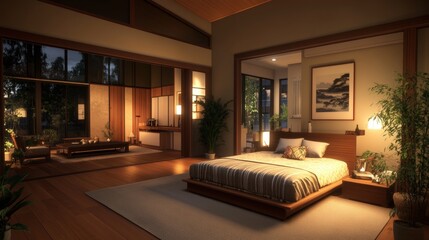Poster - A serene, modern bedroom with a low platform bed, hardwood floors, large , and a tranquil outdoor view, seamlessly blending with a minimalist living area