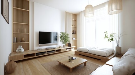 Poster - Modern minimalist living room design featu light wood floors, built-in shelving, flat-screen TV, low seating, and Japanese-inspired decor elements showcased.