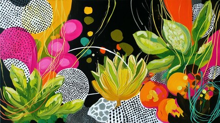 Poster - Vibrant abstract floral design on a dark background.