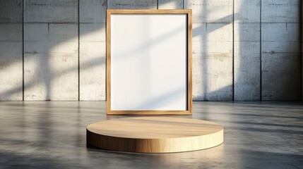 Poster - large blank framed s behind a circular wooden pedestal on polished concrete floor in a sunlit minima