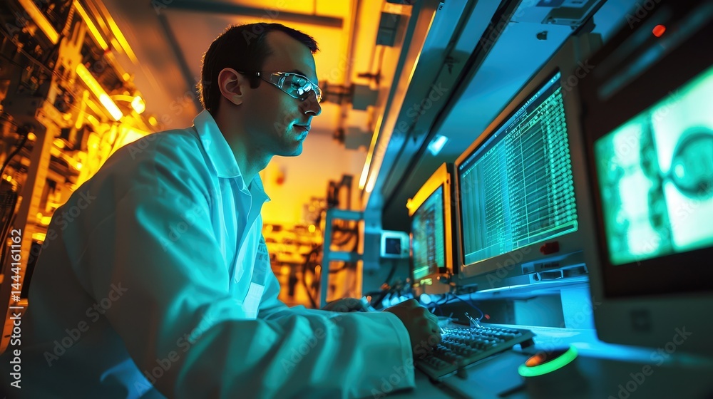 Nuclear Lab Tech A lab technician in a nuclear fusion research center, monitoring high ...