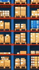 Poster - A blue and red warehouse with many boxes on the shelves. The boxes are stacked in rows and are of different sizes