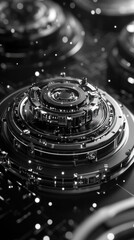 Poster - A close up of a black and silver object with a lot of detail. The object is a sphere with a lot of small details and a lot of silver. The object is surrounded by a lot of small dots