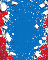 Poster - A blue and white background with red and white pieces scattered across it. The image has a sense of destruction and chaos, with the red and white pieces representing the rubble of a building