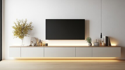 Poster - Minimalist living room design featu a flat-screen television above a sleek low-profile media console with integrated lighting and decorative accents