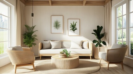 Poster - Bright and Airy Sunlit Living Room Decorated With Beige Walls, Wooden Beamed Ceiling, Large , Woven Sofa, Armchairs, Coffee Table, and Plants