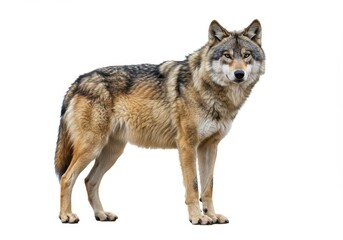  A full body shot of a wolf standing on a white background in a studio setting with natural lighting