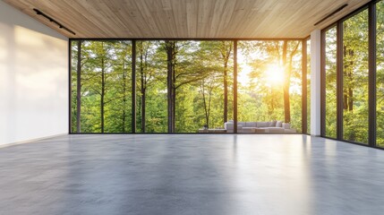 Poster - Spacious minimalist interior with polished concrete floors and large floor-to-ceiling revealing a beautiful sun-dd forest view outside