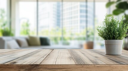 Poster - A small potted plant rests atop a rustic wooden table in a bright modern living room with large showcasing a stunning city view behind it.
