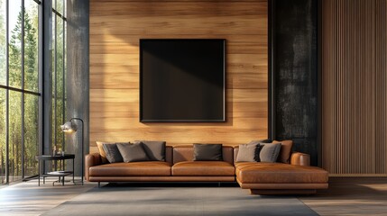 Poster - Large L-shaped brown leather sectional sofa on gray rug before wood-paneled wall with black framed poster and large letting in natural light