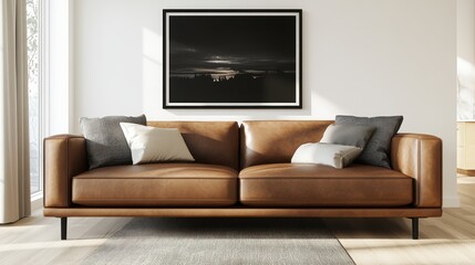 Poster - Elegant brown leather sofa adorned with gray and cream pillows positioned on a light rug against a white wall featu a stunning landscape photograph
