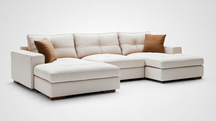 Poster - Cream-colored modular sectional sofa with chaise lounge, button-tufted cushions, and burnt-orange throw pillows against a plain white background