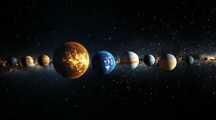 Wall Mural - stunning solar system planets alignment cosmic space background image sun sky art mars dark stars